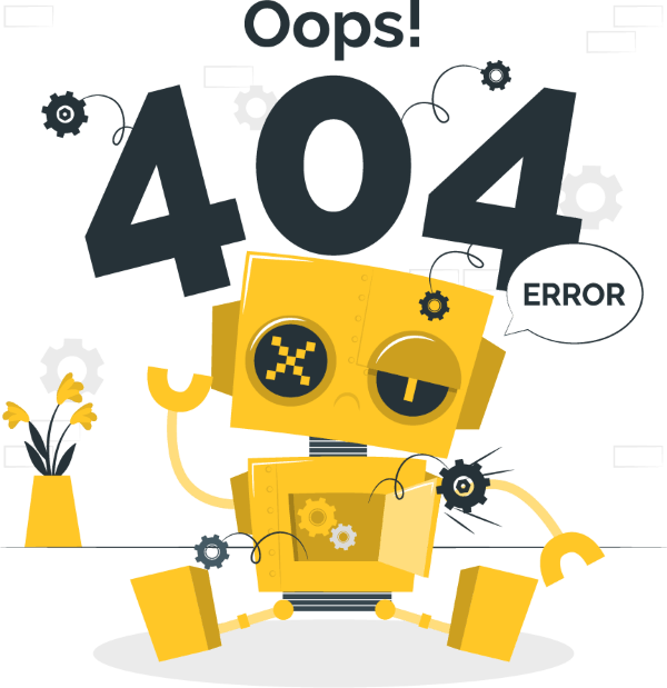 Not Found 1 A cute yellow robot sits sadly in front of a large "404" error message with gears floating around. The robot holds a speech bubble that says "ERROR." A small vase with flowers is on the left. The background is light with abstract shapes.